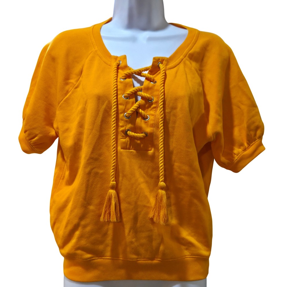J.Crew‎ University Terry Bright Apricot Lace Up Short Sleeve Sweatshirt XXS